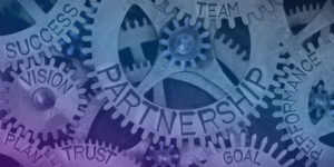 Gears that show text titles, partnership, success, and goals.